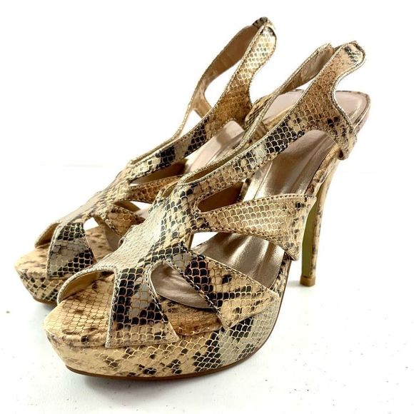 Memorato By CLN Women’s Sz 37 Brown Faux Snake Skin Open Toe Slingback Heels - Picture 5 of 10